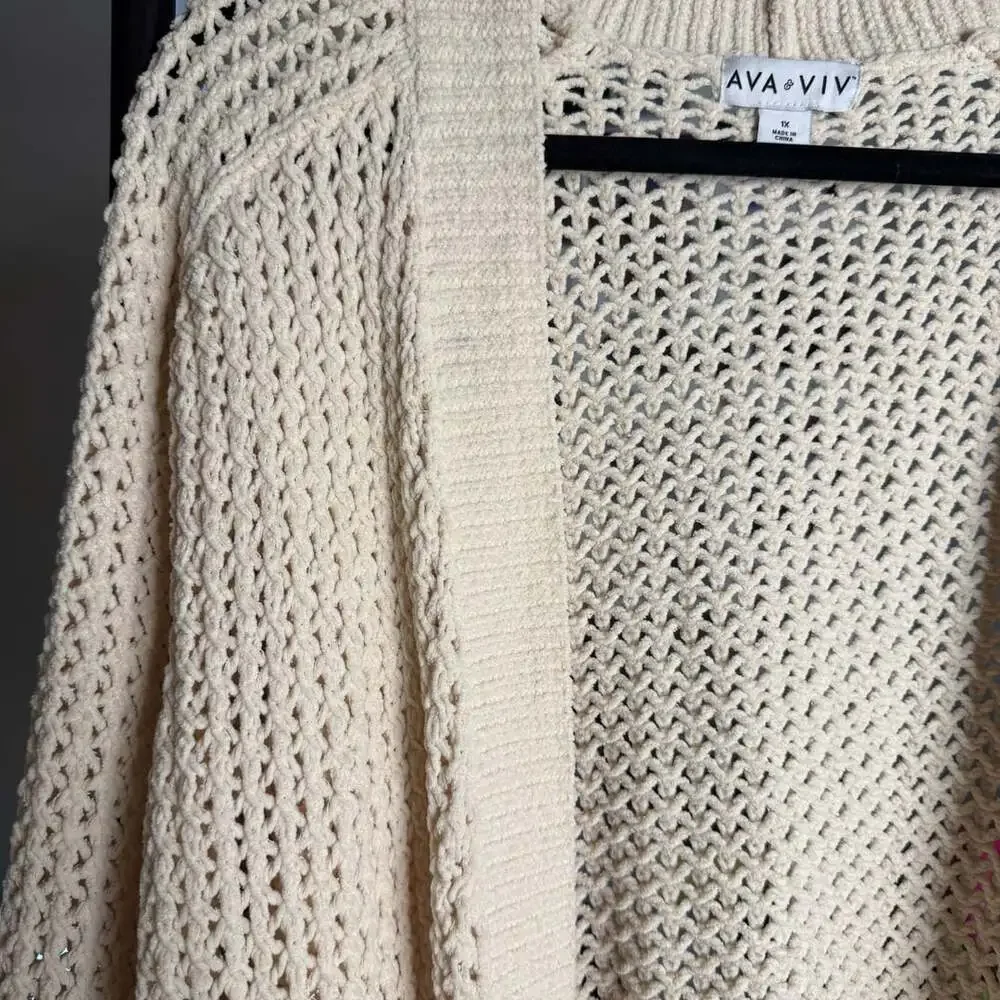 Ava & Viv Open Front Cardigan Size 1X Cream Open Knit Pockets